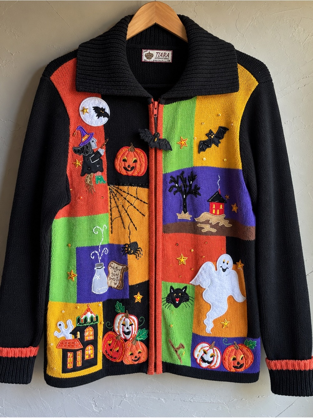 Tiara International Halloween Sweater Witch Pumpkin Ghost Applique Y2K L